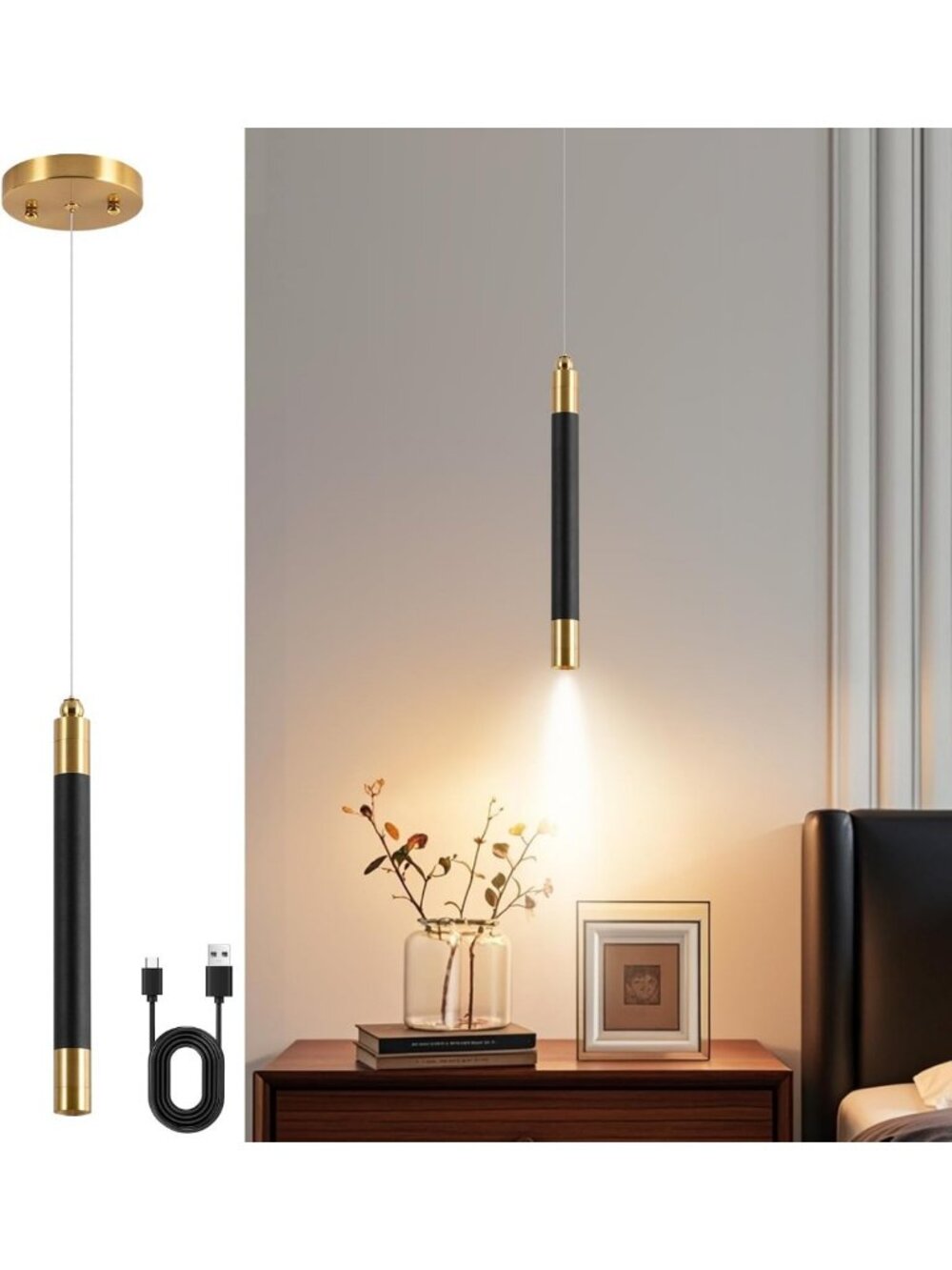 Battery Operated Wireless Pendant Light - Adjustable Rechargeable Chandelier for